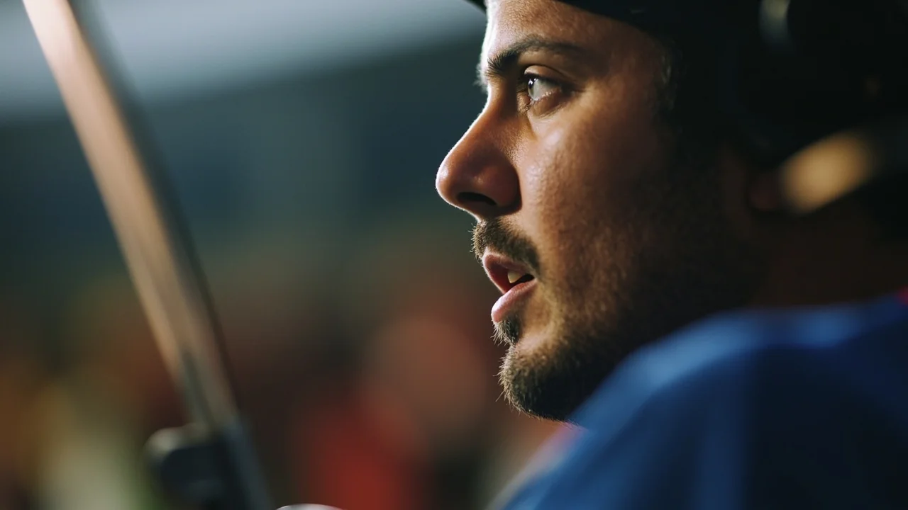 A cricketer preparing for a delivery during an evening match, with the field softly out of focus