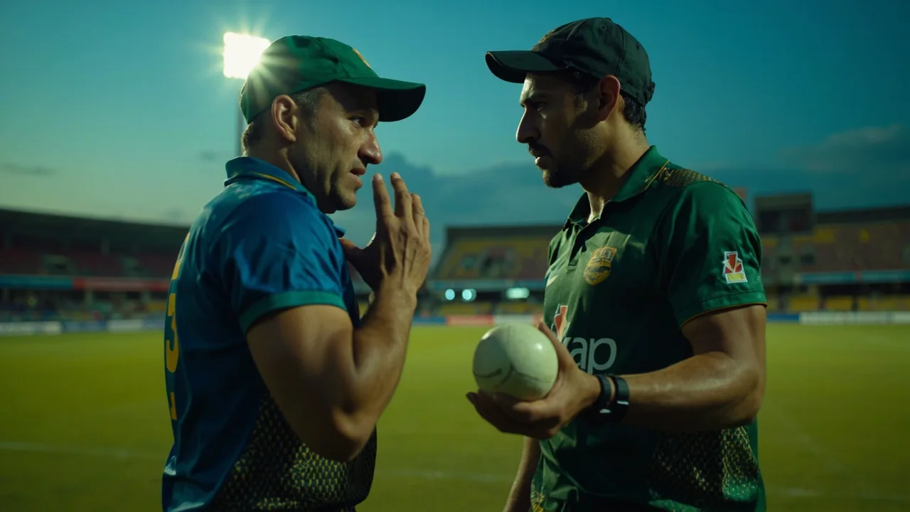 A captain talking to a bowler at the end of an over during a Lanka T20 League fixture, with fielders in catching positions around the bat.