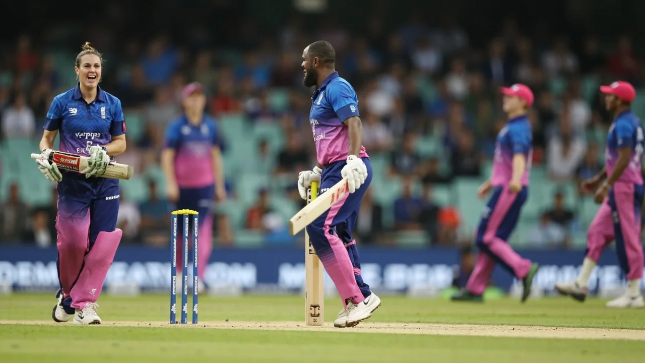 A captain talking to a bowler at the end of an over during a Hundred Women's fixture, with fielders in catching positions around the bat.
